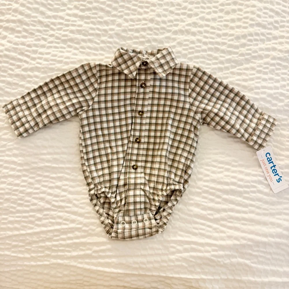 Carter's Just One You Baby Boy 2pc Plaid Button-Up Bodysuit & Pants Set Green 3M